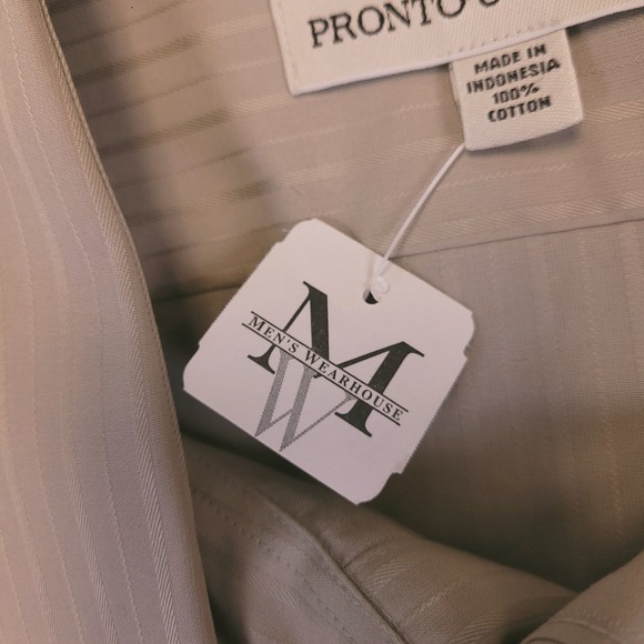 NWT Pronto Uomo Shirt Dress Shirt 18.5 36/37 Button Up Khaki Brown Tonal Stripe - Picture 14 of 16